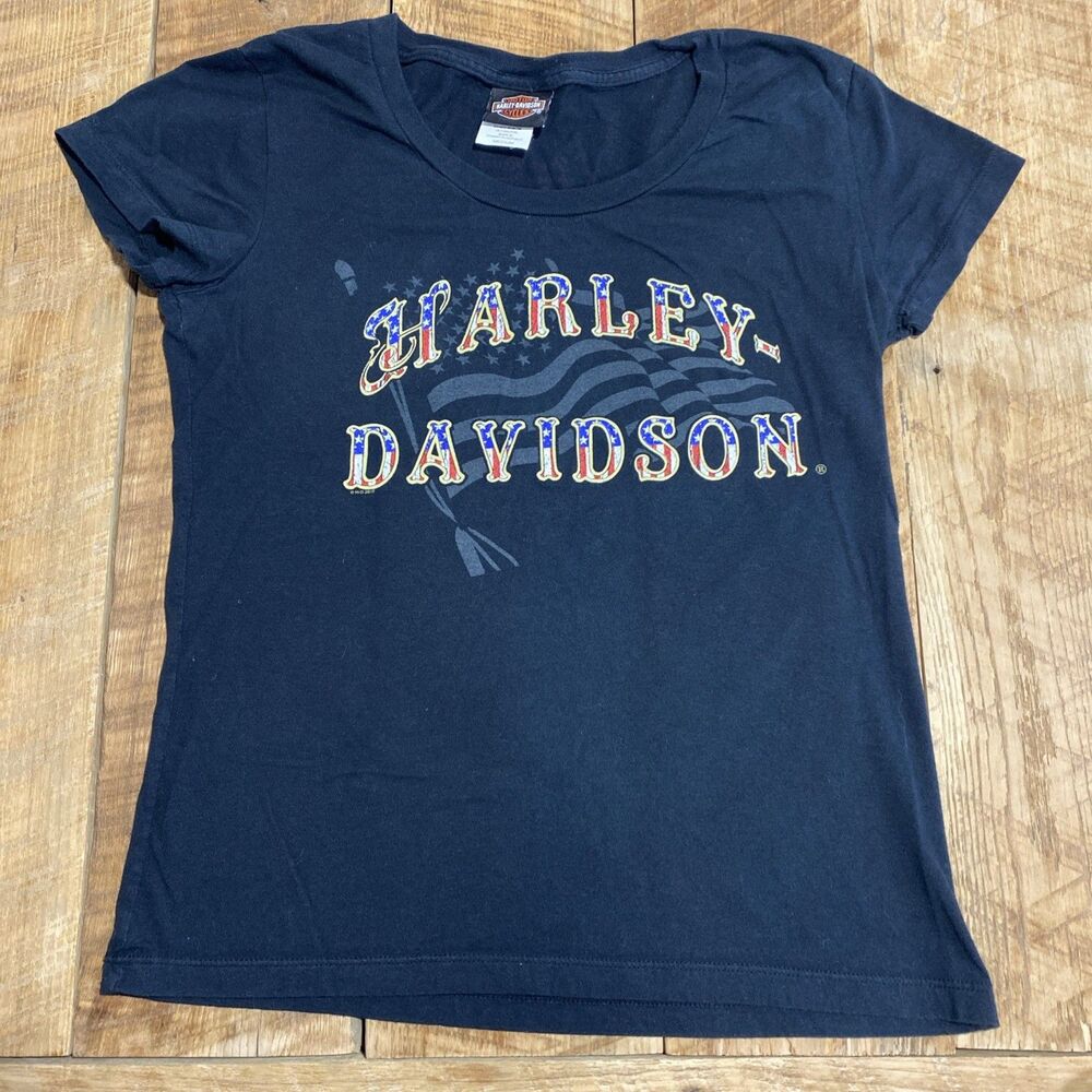 Harley-Davidson Women’s Black Tee Singapore Y2K American Flag Logo Size Medium